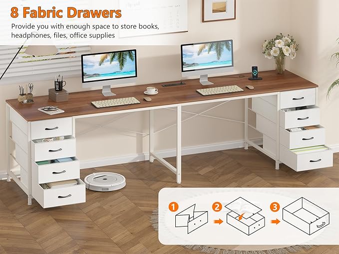 YOMILUVE 95'' Two Person Desk with 8 Drawers, Long Office Desk with Charging Station, 2 Person Desks Double Desk Writing Study Table for Home Office, Brown and White