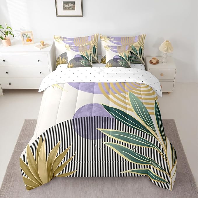 Erosebridal Mid Century Comforter Set Queen Abstract Bohemian Aesthetic 7 Pcs Bedding Sets,Minimalist Modern Boho Bed in a Bag Vintage Geometric Circle Line Quilt with Flat Fitted Sheet,Purple Gold