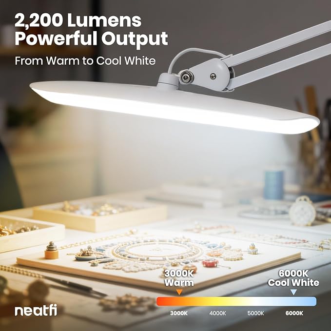 Neatfi XL Nail Desk Lamp with Clamp, 2200 Lumens, 20-Inch Wide Head, Dimmable 4 Levels, 3 Color Modes 3000K–6000K, LED Task Light for Manicure Table, Crafts, Workbench, Office (CCT, White)