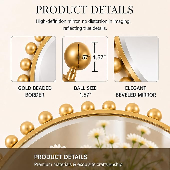 30 Inch Round Wall Mirror with Antique Gold Ball Frame, Beveled Decorative Round Accent Mirror, Vintage Gold Sunburst Style Mirror for Bedroom, Living Room, Entryway, Hallway & Wall Decor