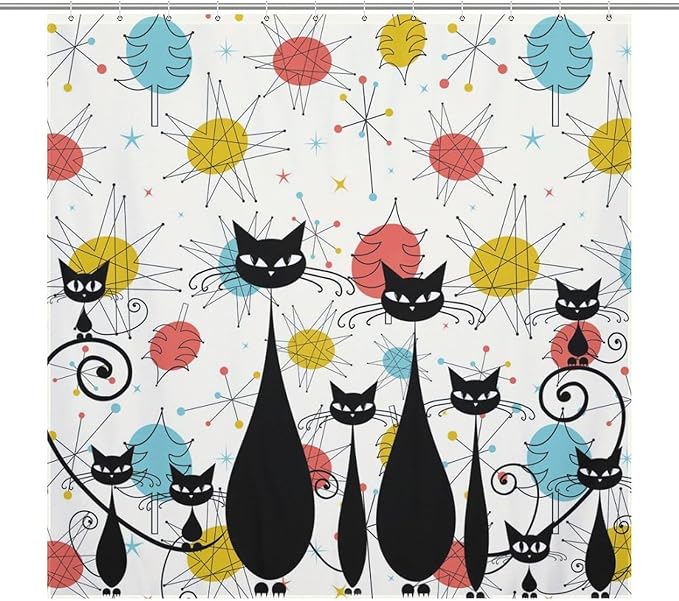 Mid Century Modern Shower Curtain,Retro 60s Abstract Atomic Cat Diamonds Geometric Bathroom Curtain Polyester Waterproof Fabric Decor 72x72in（183x183cm）