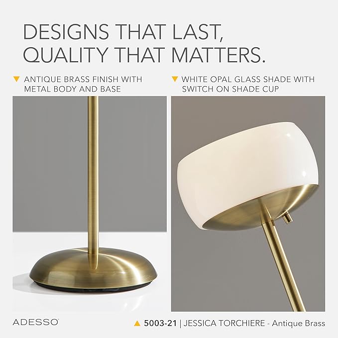 Adesso Antique Brass Torchiere Floor Lamp with White Opal Glass Shade - 300W Double Socket Construction Accent Lighting for Bedroom, Living Room, or Home Office, 71” Tall