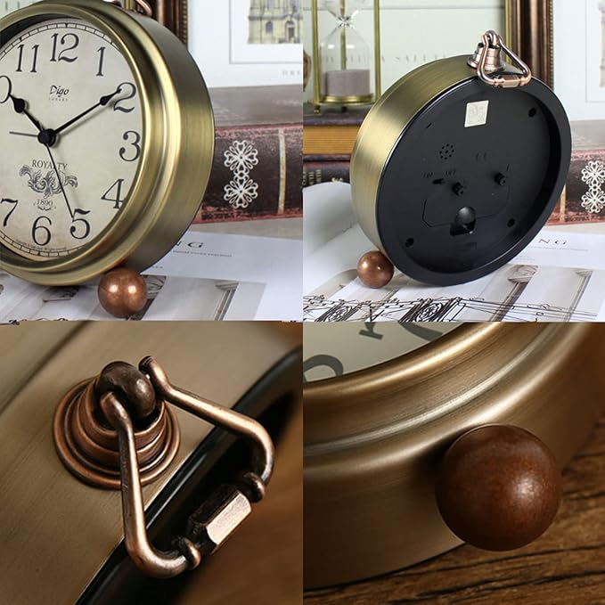 Justup Golden Table Clock, Retro Vintage Non-Ticking Table Desk Alarm Clock Battery Operated Silent Quartz Movement HD Glass for Bedroom Living Room Indoor Decoration (Arabic)