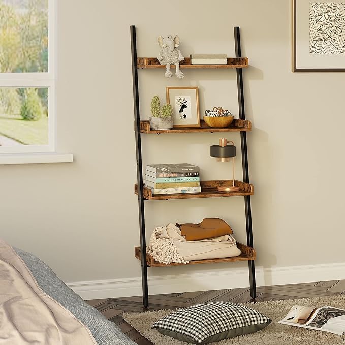 Rolanstar Bookshelf 4-Tier, Open Wall Mount Ladder Bookshelf, 71.8’’H Industrial Etagere Bookcase, Freestanding Bathroom Storage Rack Plant Stand for Living Room, Bedroom, Office, Rustic Brown