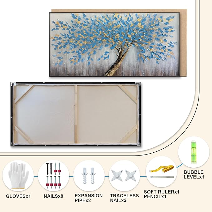 Tree of Life Large Abstract Vintage Blue Framed Canvas Wall Art, Modern Abstract Textured Painting, Large Framed Panoramic Landscape Artwork for Living Room, Bedroom, Office, Home Decor 60"x30"