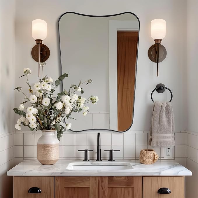 ANDY STAR 24x36 Inch Bathroom Mirror, Matte Black Irregular Wall Mirror, Bathroom Vanity Mirror with Stainless Steel Metal Frame, Unique Butterfly Inspired Shape Ideal for Home Decor