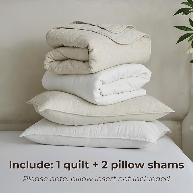 Powdion French Linen Quilt King, Pre-Washed Linen Front and Cotton Back European Comforter, Lightweight Breathable Cotton Quilt King Size for All Season, 3 Pcs Box Stitch Beige King Quilt