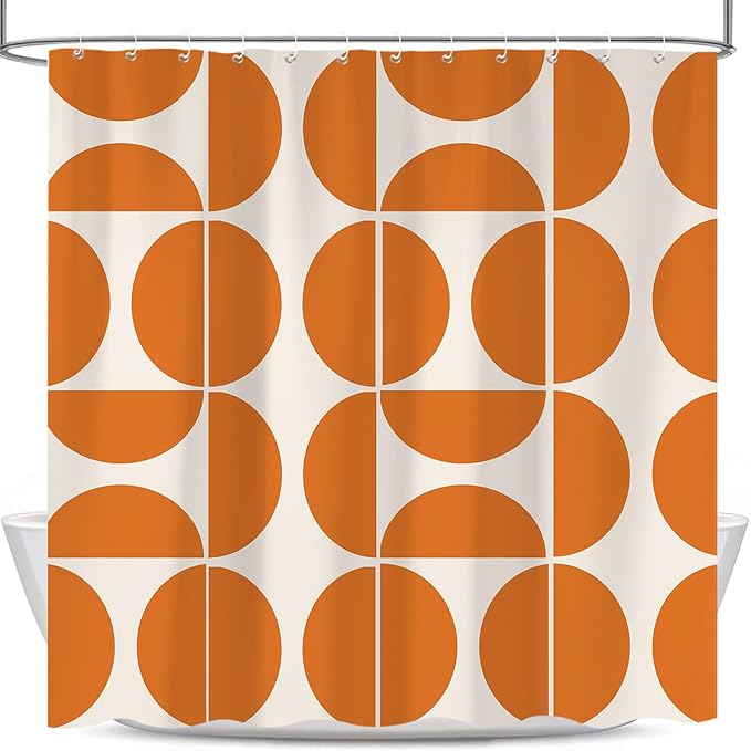 Orange Mid Century Modern Shower Curtain, Boho Abstract Geometric Retro Art Bath Curtains For Bathroom, Colorful Unique Pattern Waterproof Polyester Fabric Bathroom Accessories Set 12 Hooks 72X84IN