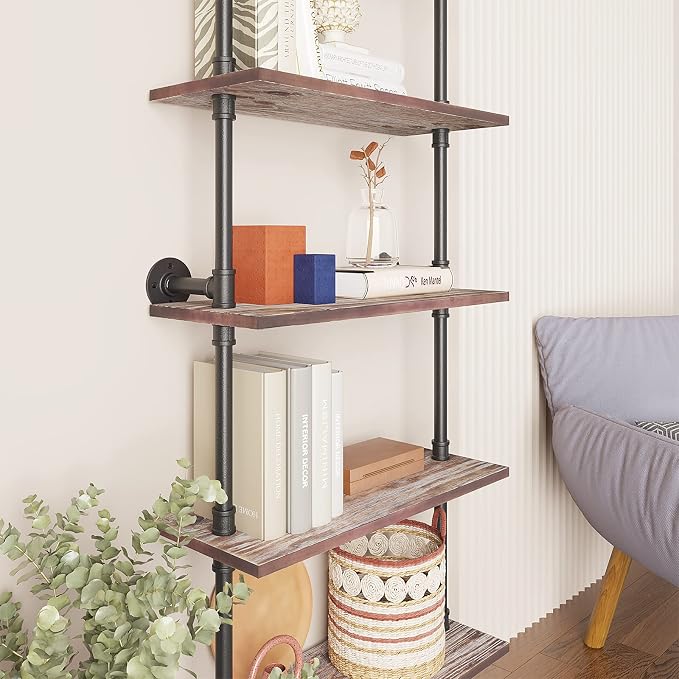 Yuanshikj 4 Tier Industrial Pipe Solid Wood Ladder Shelf/Shevles/Shelving Bookshelf/Bookcase Metal Iron Planks Rustic Wall Mounted for Living Room Decor Storage (4 Tier with 24" Solid Wood)