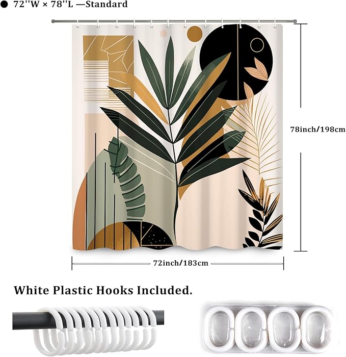 Boho Shower Curtain Mid Century Style Plant Leaves Bathroom Curtain Modern Abstract Graphic Waterproof Fabric Decor Shower Curtain with Hooks 72x78 Inch