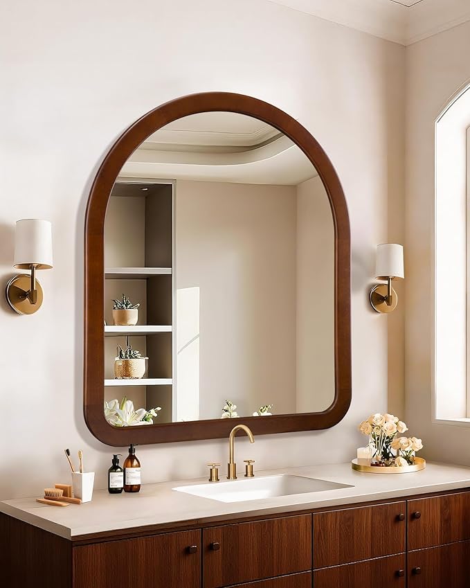 Arched Mirror 30 x 36 Inch,Walnut Brown Wood Rustic Bathroom Tempered Wall Mirror with Wood Frame,Round Corner Arch Farmhouse Wooden Vanity Mirror for Living Room,Entryway or Bedroom