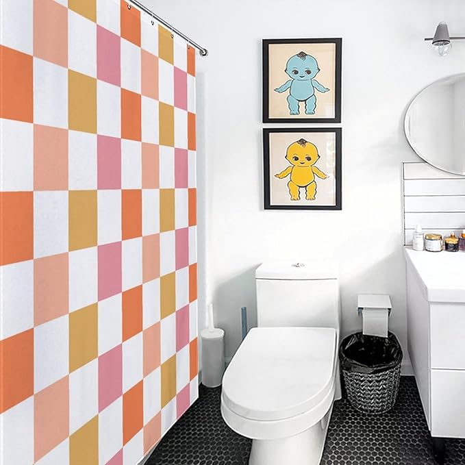 70s Orange Checkered Shower Curtain, Retro Vintage Hippie Checkboard Colorful Abstract Groovy Modern Cute Bright Funky Waterproof Fabric Bathroom Shower Curtain Set with Hooks, 72"x72"