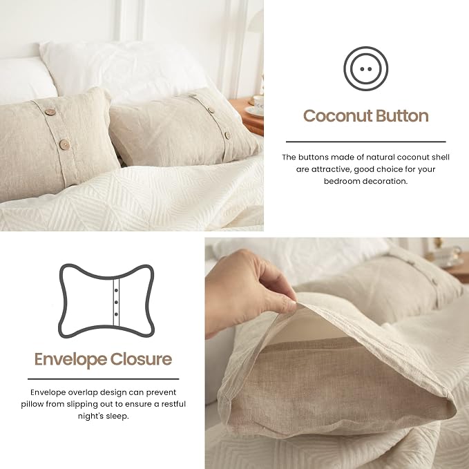 Simple&Opulence 100% Linen Lumbar Pillow Cover 12 x 20 Inch Set of 2 Rectangular Decorative Pillow Cover with Vintage Triple Coconut Button for Couch Sofa Bed Living Room Office Décor - Linen