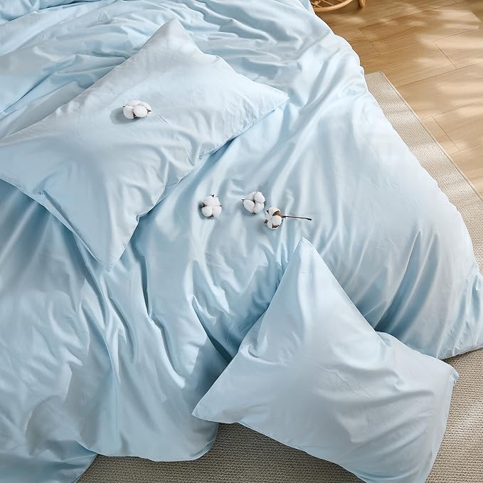 100% Washed Cotton Duvet Cover King Size – Light Blue, Linen-Like Texture, Super Soft & Breathable Bedding Set, 3-Piece Durable Percale Comforter Cover