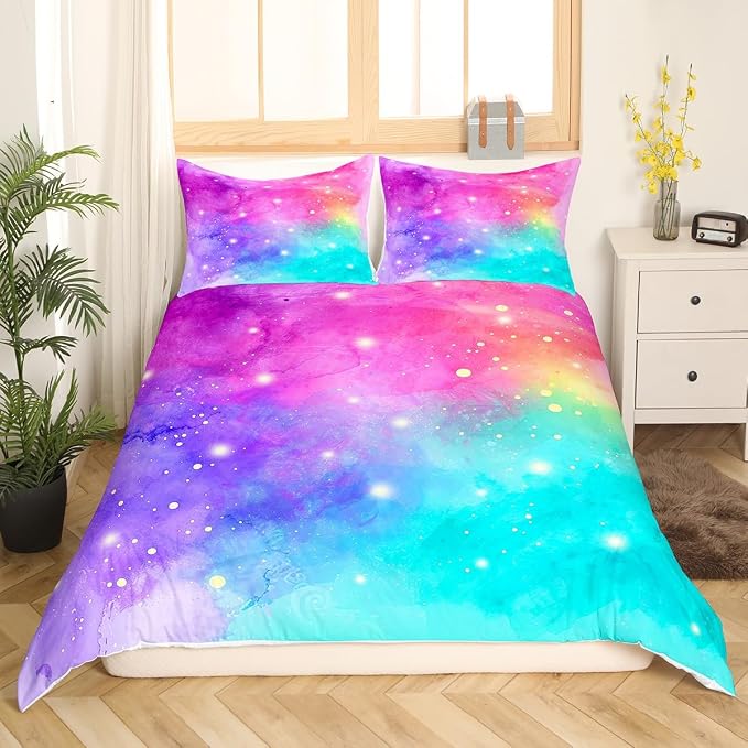 Erosebridal Rainbow Galaxy Duvet Cover Full Pink Purple Blue Teal Bedding Set, Psychedelic Stars Comforter Cover Colorful Tie Dye Bed Set, Grunge Ombre Gradient Bedding Girly Room Decor 3pcs