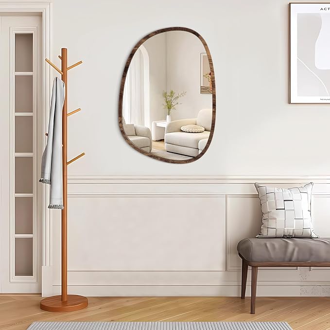 Asymmetrical Wall Mirror with Wood Frame Irregular Modern Hanging Mirror for Wall for Vanity Living Room Bedroom Bathroom Entryway Hallway Modern Unique Decorative Artistic Mirror