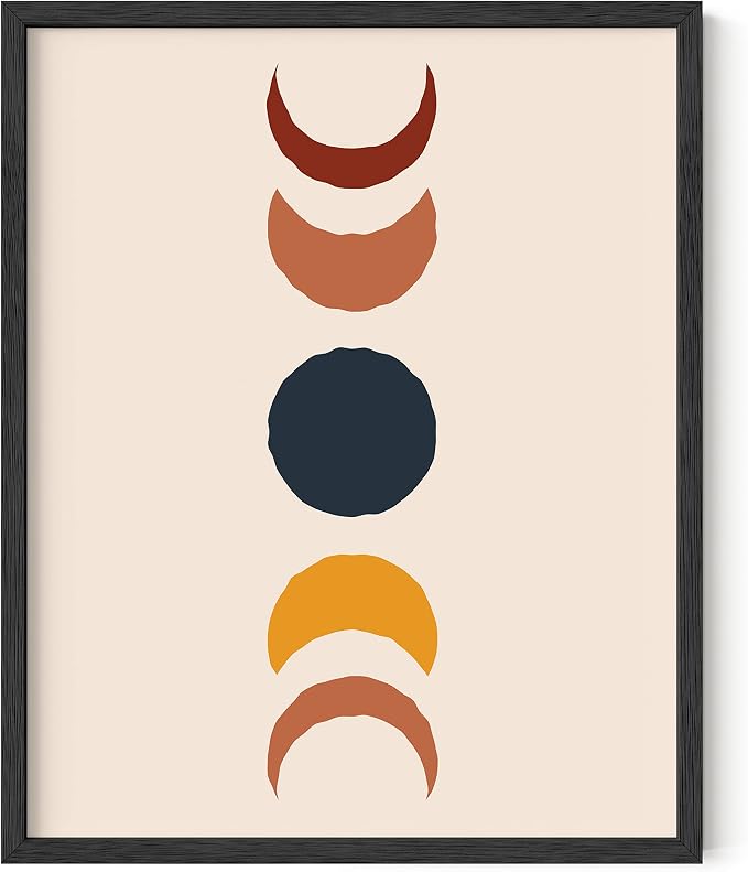 HAUS AND HUES Moon Phases Wall Art - Colorful Moon Transition, Mid Century Modern Boho Decor, Celestial Moon Poster, Black Frame 16x20