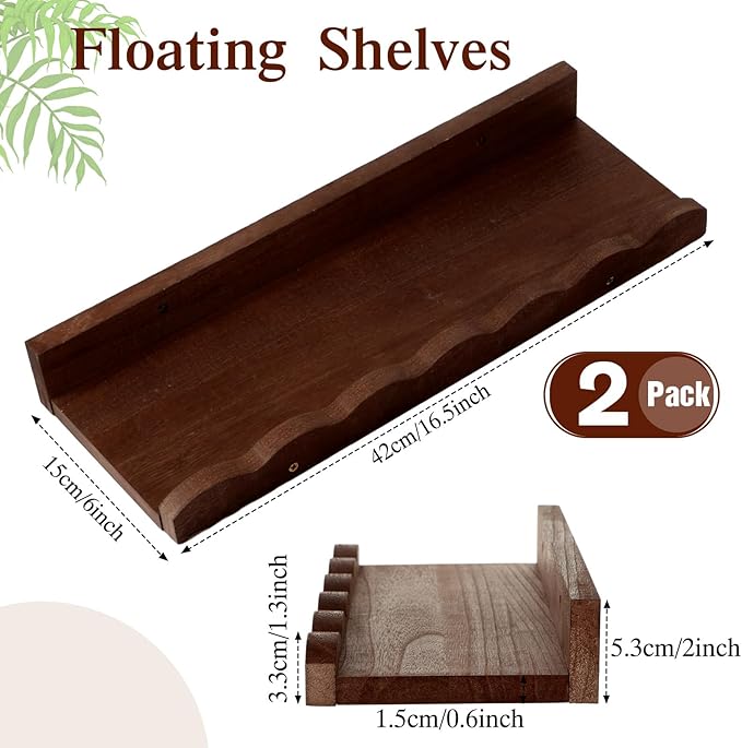 Suzile 2 Pcs Scalloped Shelves Wall Floating Shelves Set for Room, Bathroom, Bedroom, Cute Room Decor Aesthetic and Books, Toys, Photo Frames Storage(16.5",Walnut Brown)