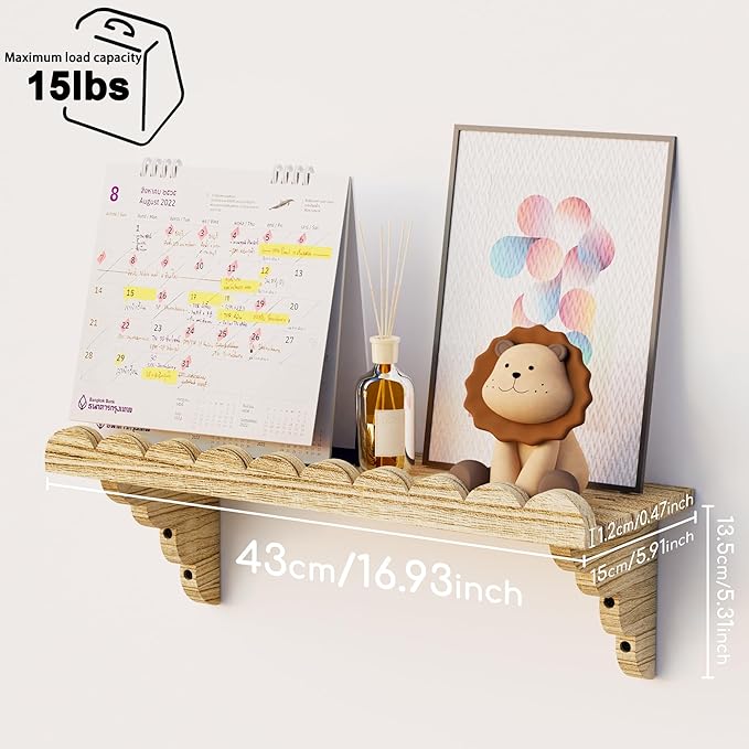 Scalloped Wood Wall Shelf – 17 Inch Floating Shelf with Wood Brackets, Easy to Install Rustic Wall Shelf for Living Room, Bedroom, Bathroom, or Any Space - Light Brown