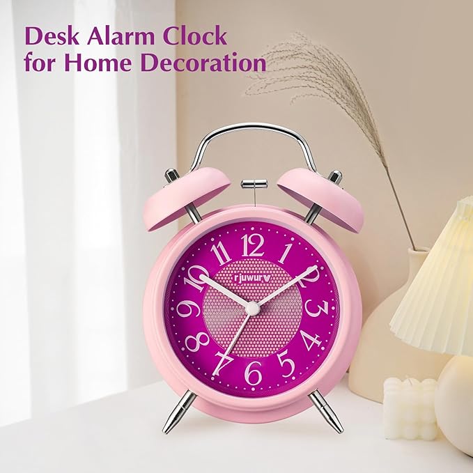 rjuwurv 4" Loud Alarm Twin Bell Alarm Clock, Night Light, Desk Clock Table Alarm Clock Bedroom Alarm Clock(Pink Power)