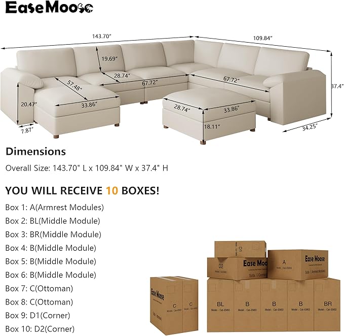 EASE MOOSE Leather Sectional Couch, Oversized Faux Leather Sectional Sofa, Wide Deep Modular Couch, Scratch Resistant Material Sofas, U Shaped Couch,Beige