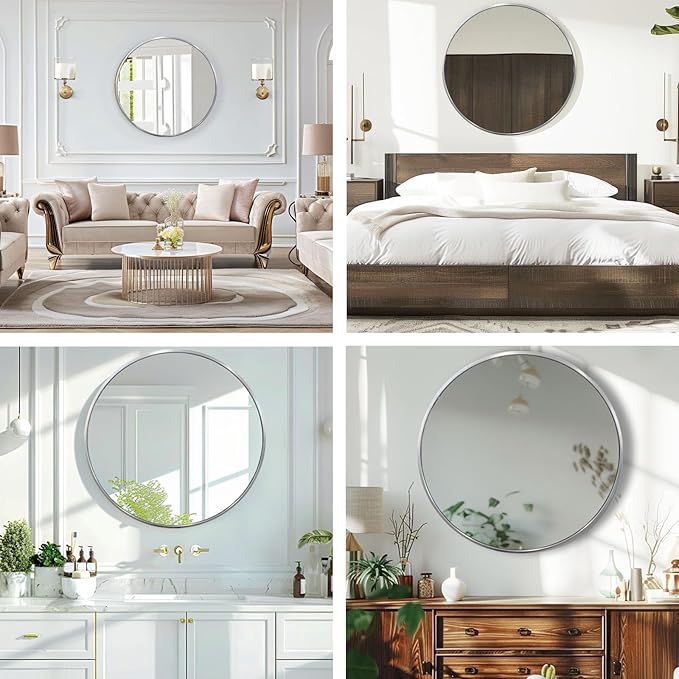 Silver Round Mirror, 20 Inch Silver Circle Mirror, Metal Frame Round Wall Mounted Mirrors for Bathroom, Living Room, Bedroom, Entryway, Vanity, Chrome, Nickel