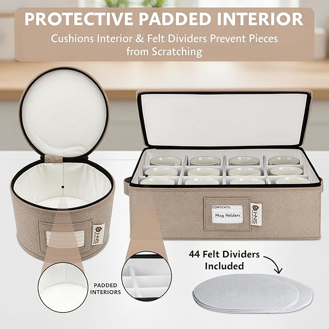 China Storage Hard Shell Containers 5-Piece Set Moving Boxes for Dinnerware, Glasses, Plates, Mugs and Saucers Sturdy Dish Organizer with Dividers for Seasonal Storage - Service for 12 - Brown