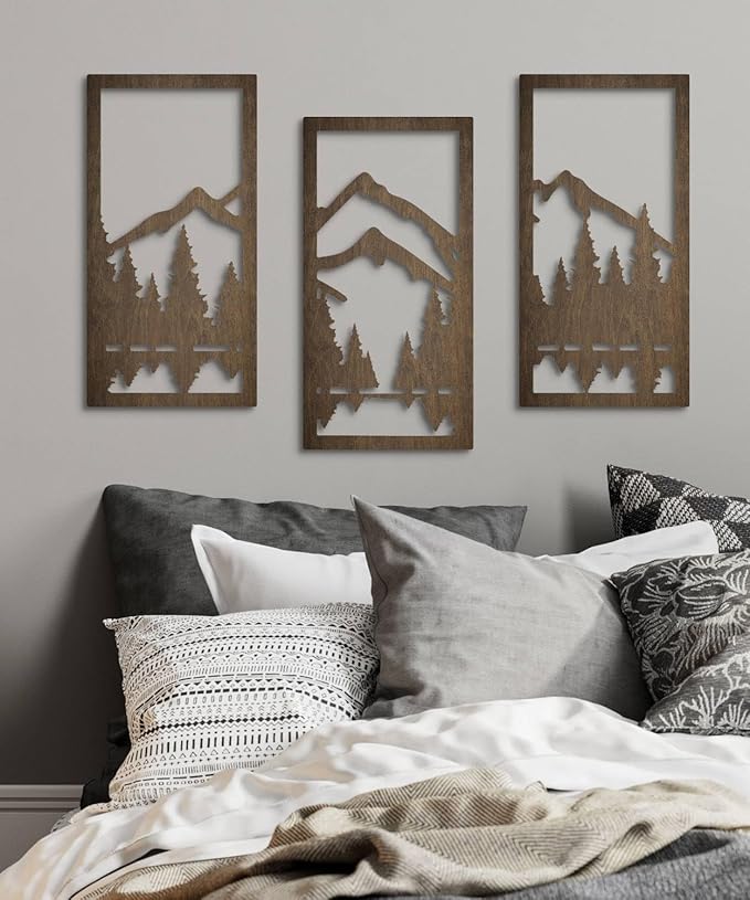 Putuo Decor 3-Piece Mountain Forest Wood Wall Art Set, Natural Wall Art Decor, Minimalist Wall Sculpture for Cabin Bedroom Entryway Living Room
