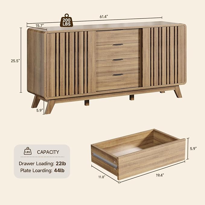 ONBRILL Sideboard Buffet Cabinet with Storage, Fluted Buffet Cabinet with Sliding Doors & 4 Drawers, Mid Century Modern Coffee Bar Wine Bar Credenza for Living Room, Kitchen (Natural Oak)