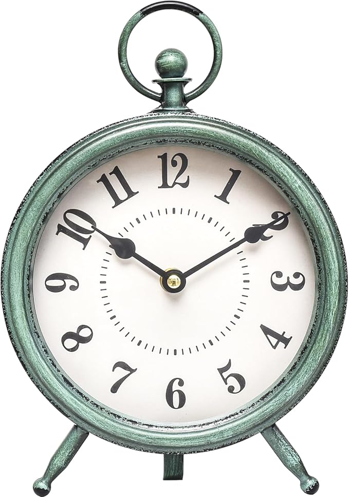 EMAX HOME Vintage Rustic Green Table Clock on Stand, Decorative Desk and Shelf Clock，Decorative Battery Operated Table Top Clock for Living Room，Silent Non-Ticking