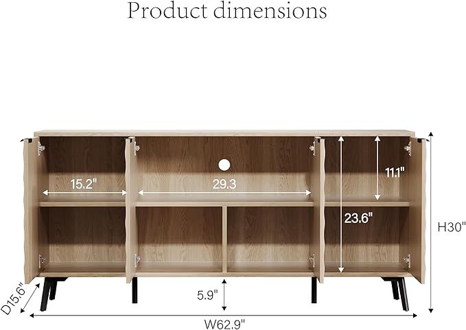 62'' Diamond Flute Sideboard Buffet Cabinet, Diamond Shaped Relief Storage Cabinet with Adjustable Shelves, Accent for Living Room, Entryway,Hallway (Cream Yellow Wood Grain)