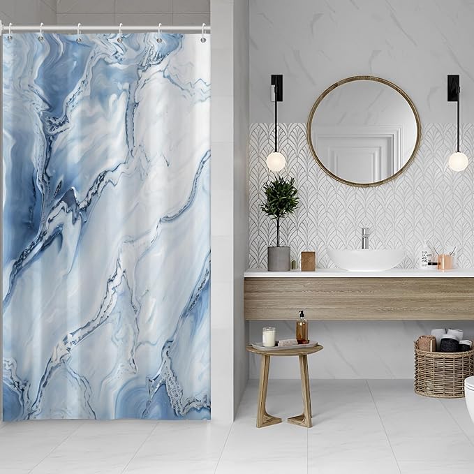 Blue Shower Curtain, Ombre Blue Marble Shower Curtain for Bathroom Modern Aesthetic Waterproof Shower Curtain Set with Hooks, 48x72 Inch