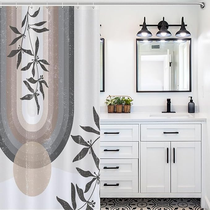 Boho Leaf Mid Century Shower Curtains, Bohemian Plant Mid Century Tropical Abstract Modern Washable Waterproof Fabric for Bathroom Decor Bathtub with 12 Hooks 72x72in (183x183cm)