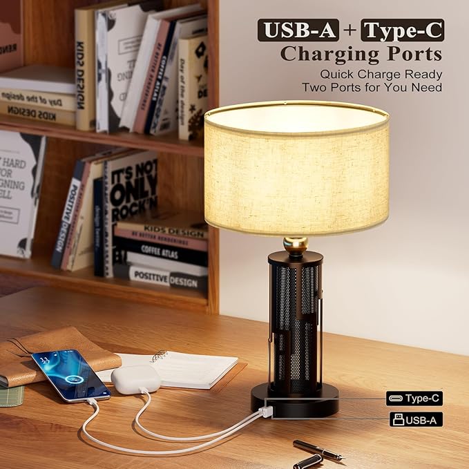 V07-2 21.65" Farmhouse Table Lamp, Rustic Bedside Nightstand Light with USB A+C Charging Ports for Nightstand Bedroom Study Living Room, 3-Way Dimmable Desk Lamp