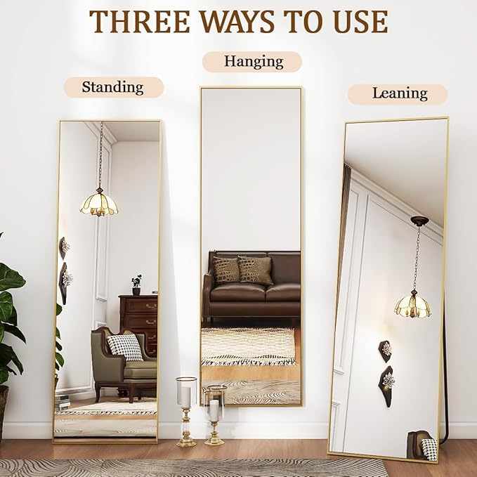 Koonmi 56"x21" Floor Mirror Full Length, Bedroom Floor Body Mirror with Stand, Large Gold Mirror, Leaning, Standing or Hanging Horizontally/Vertically