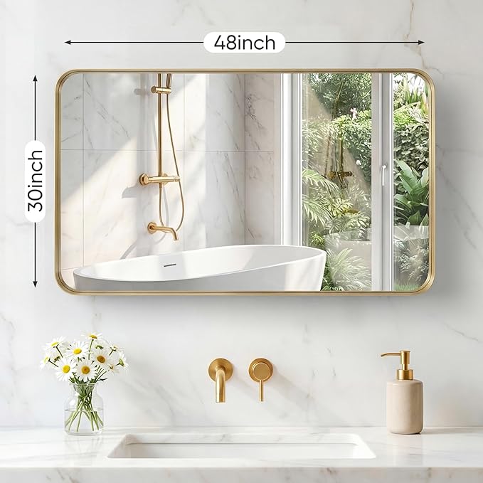 NEWBULIG 30X48 Inch Bathroom Mirror for Over Sink, Wall Vanity Mirrors Tempered Glass, Anti-Rust Metal Framed Rounded Rectangle, Hangs Horizontally or Vertically, Farmhouse Home Decor, Gold