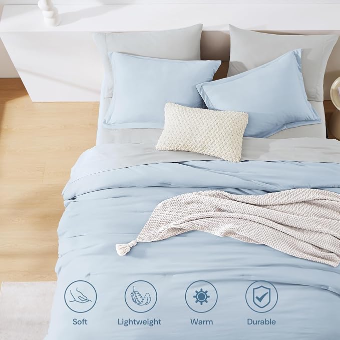 WRENSONGE Full Size Comforter Set- 7 Pieces Ice Blue Bed in a Bag Full Size Comforter with Fitted Sheet, Flat Sheet, 2 Pillow Shams, 2 Pillowcases, Warm Bedding Sets for All Season
