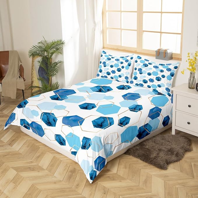 Erosebridal Hexagon Duvet Cover King Navy Blue Bedding Set, Watercolor Honeycomb Comforter Cover Abstract Tie Dye Bed Set, Luxury Gold Hexagon Bedding Microfiber (Zipper Closure)