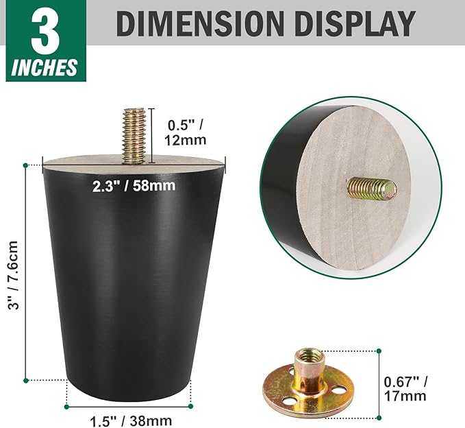 FoDau770 Black Rubber Wood Furniture Legs 3 Inches, 5/16" UNC Straight Tapered Wood Feet Mid Century Sofa Legs, Wooden Furniture Feet Replacement Parts for Cabinet Couch Dresser Chair Ottoman Table