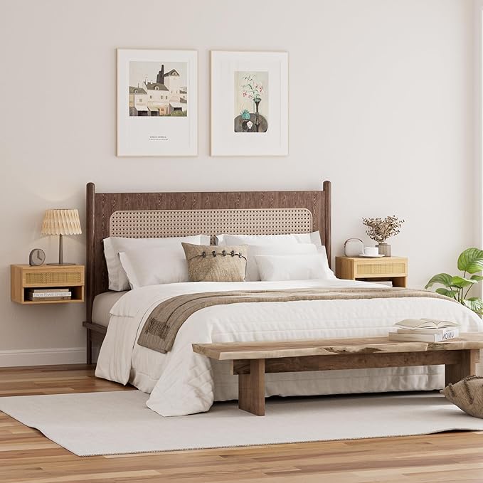 Floating Nightstand, Small Modern Floating Nightstand with Drawer, Floating Shelves for Bedroom, Bathroom (Oak Rattan)