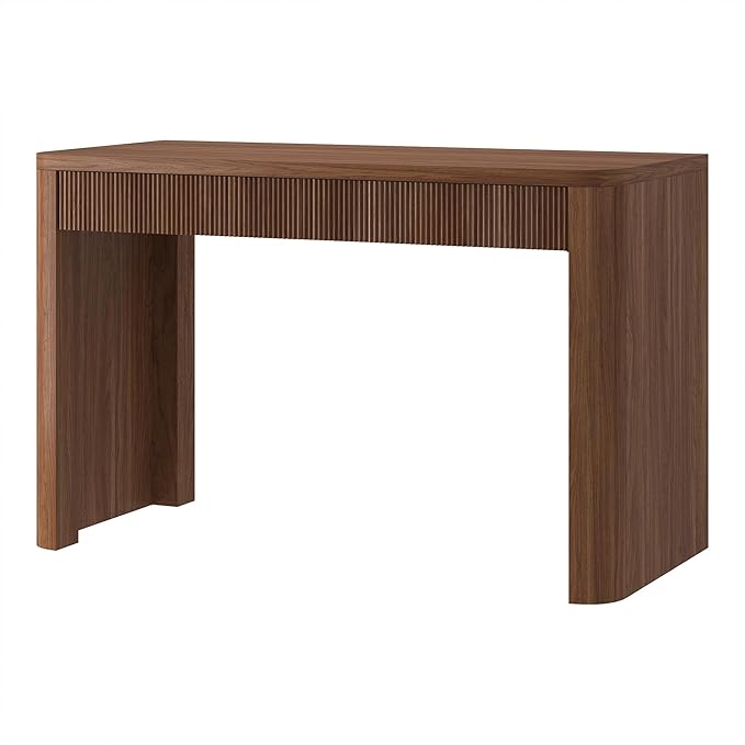Henn&Hart 48'' Fluted Modern Rectangular Home Office Desk, Ribbed Computer Desk, Writing Table with 2 Drawers for Home Office, Medium Walnut