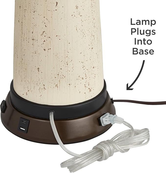 360 Lighting Rocco Mid Century Modern Table Lamp with USB and AC Power Outlet Workstation Charging Base Handmade 30" Tall Blue Ceramic Tan Drum Shade for Living Room Bedroom (Color May Vary)