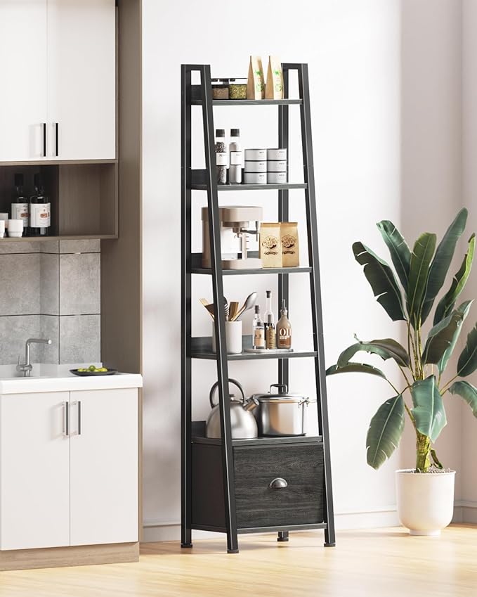 Furologee Bookshelf Set of 2, 6-Tier Ladder Shelf, Ladder Bookshelf with Drawer, Set of 2 Bookshelves, Wood Metal Freestanding Storage Shelf for Living Room, Home Office, Bedroom, Kitchen,Black Oak