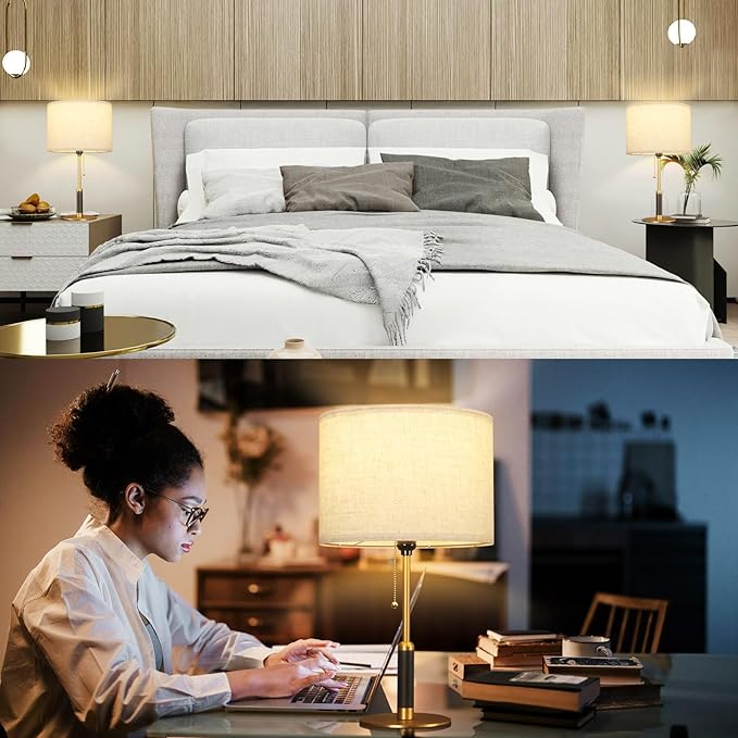 21" Set of 2 Mid Century Modern Table Lamp with Pull Chain Switch, 3-Color Bedside Lamps for Bedroom Living Room, Solid Wood/Metal/Fabric Nightstand Lamp for Home Office (Light Brown+Brass)