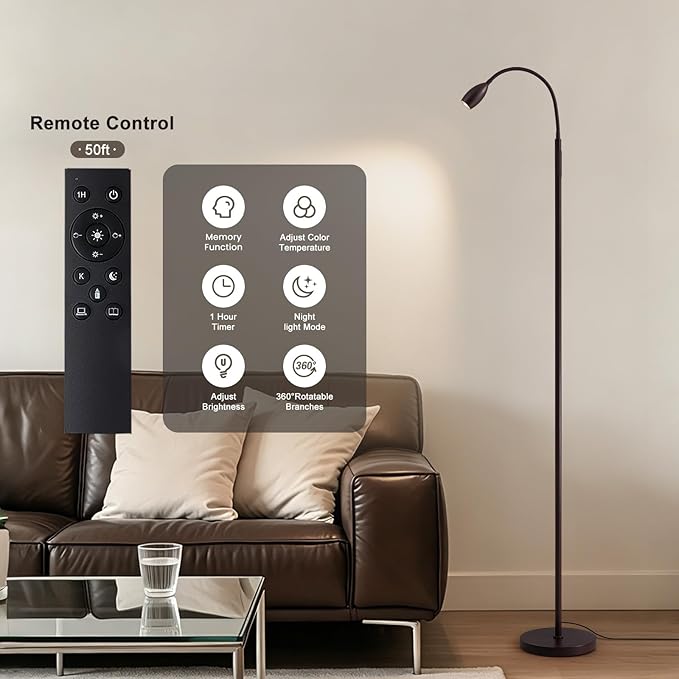 Reading Floor Lamp, Dimmable LED Floor Lamp with Remote, Standing Lamp with Flexible Gooseneck, Zoomable Spotlight, Reading light, Task Crafting Tall Lamps for Living Room Office Bedroom(Brown)