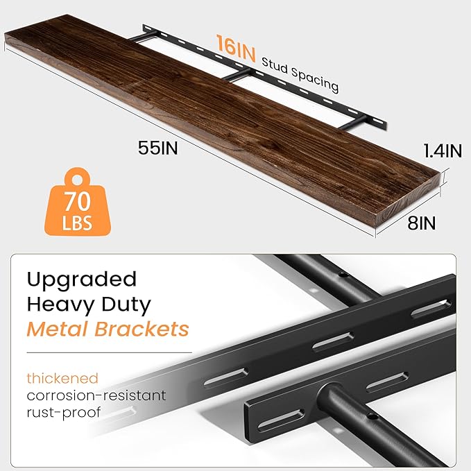 Fun Memories 55" Floating Shelves for Wall, Rustic Solid Elm Wood Floating Shelf - Invisible Bracket Mount, Extra Long Wall Mounted Shelf for Living Room, Bathroom, Bedroom, Kitchen, Walnut