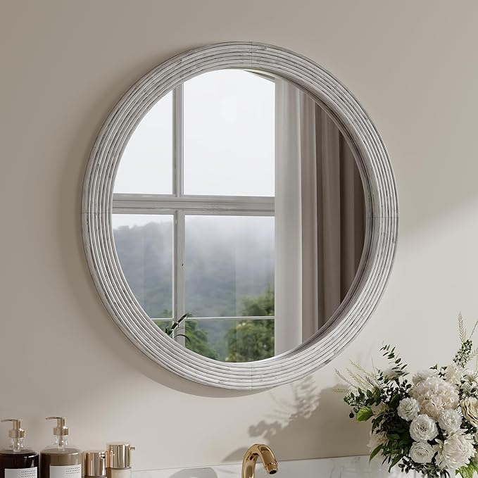 ULIKE Round Rustic Mirror for Bathroom, Farmhouse Mirror with Wood Frame, 30x30 Inch White Vanity Mirrors for Wall Decor of Bedroom or Living Room