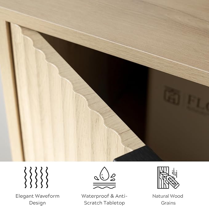 Fluted Storage Cabinet with 3 Doors, Sideboard Buffet Cabinets Adjustable Shelves, Credenza Console Table Cabinets for Living Room, Light Oak