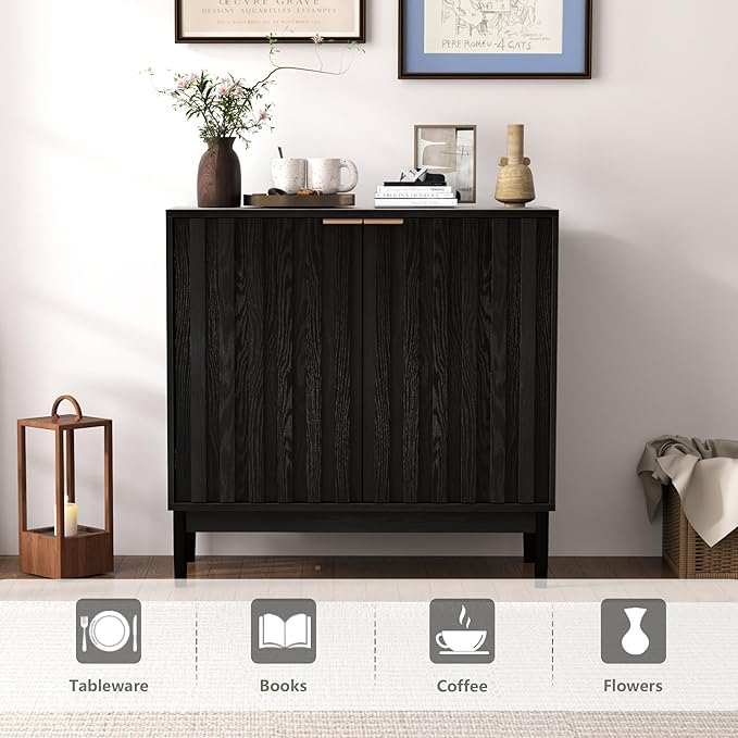 Fluted Cabinet with Storage, Buffet Cabinet Sideboard with Door, Kitchen Buffet Storage Accent Cabinets with Adjustable Shelves for Living Room, Entry, Hallway, Black