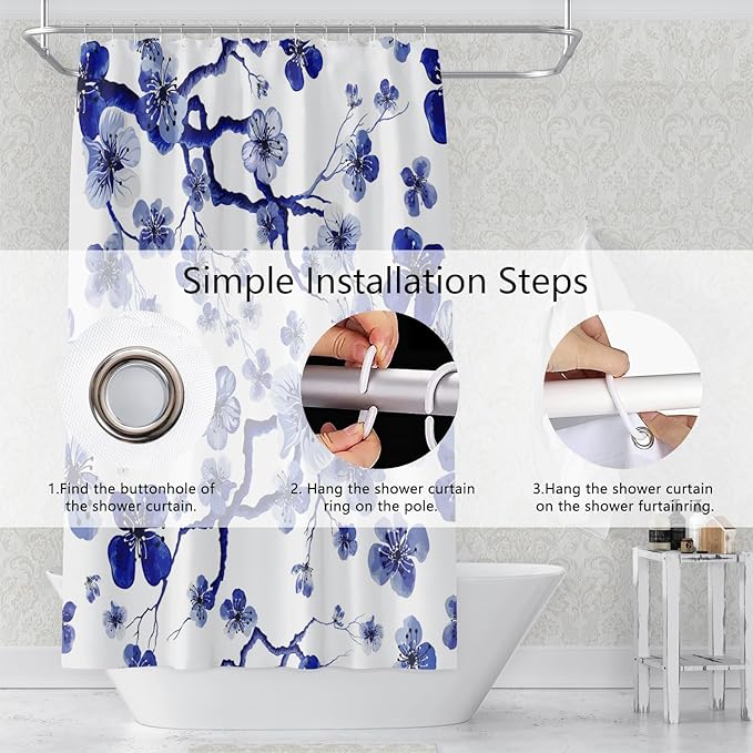 Plum Blossom Shower Curtain Watercolor Blue Floral Modern Art Painting Shower Curtains for Stall Bathroom Accessories Waterproof Polyester Fabric with Hooks, 36 x 72 Inch